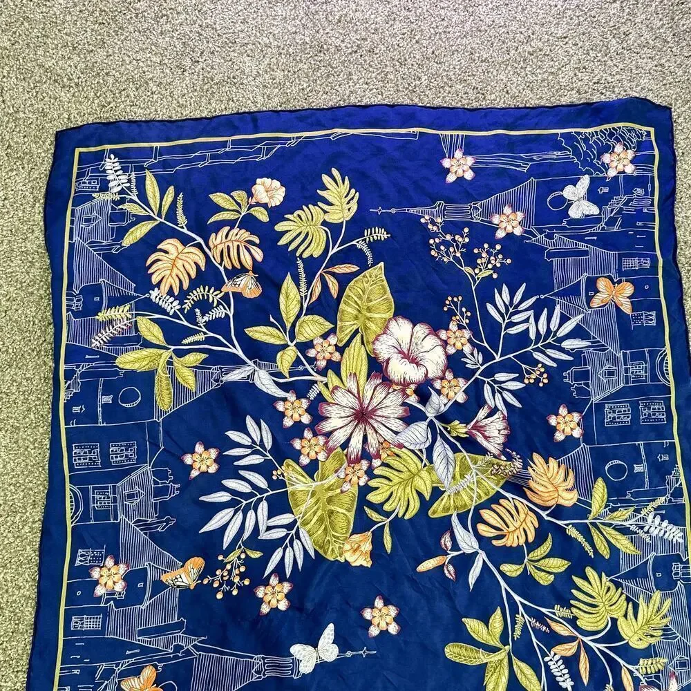 VTG‎ Corciova Silk Floral Scarf City Scape Butterfly Blue